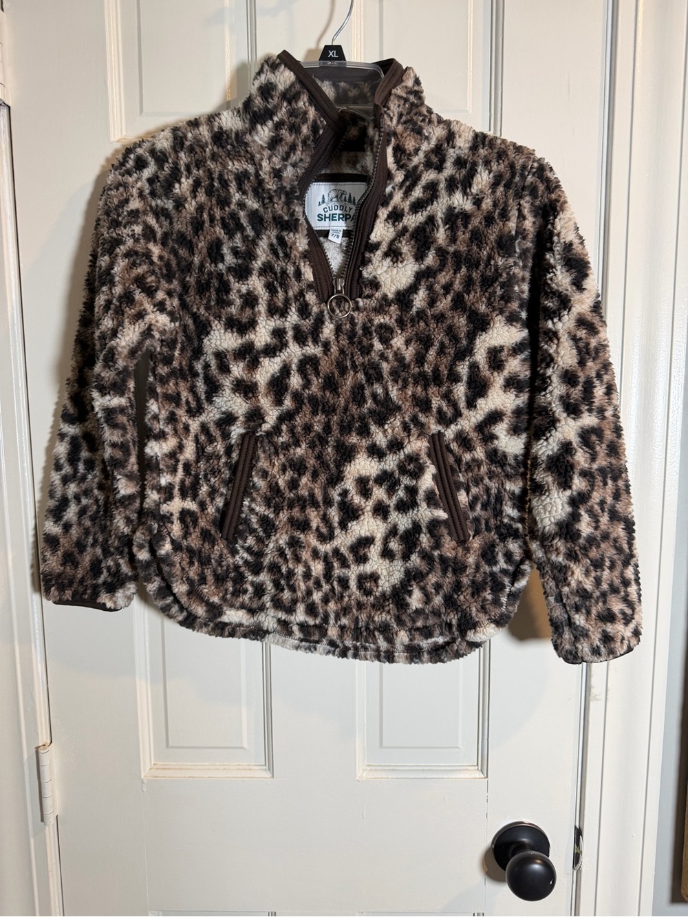 Cuddly Sherpa Kids Leopard Print Sherpa 1/4 Zip Pullover Jacket 7/8